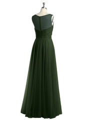 Illusion V-neck Tulle Long Dresses-Olive Green