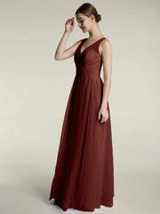 Illusion V-neck Tulle Long Dresses-Terracotta