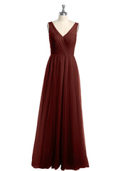 Illusion V-neck Tulle Long Dresses-Terracotta