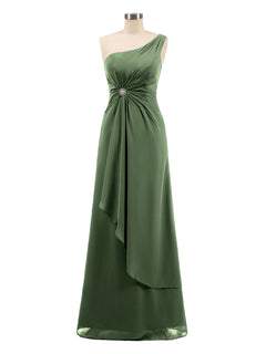 One Shoulder Chiffon Dress with Cascade Skirt-Olive Green