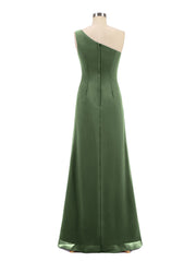 One Shoulder Chiffon Dress with Cascade Skirt-Olive Green