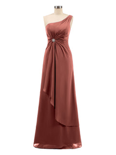 One Shoulder Chiffon Dress with Cascade Skirt-Terracotta