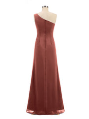 One Shoulder Chiffon Dress with Cascade Skirt-Terracotta Plus Size