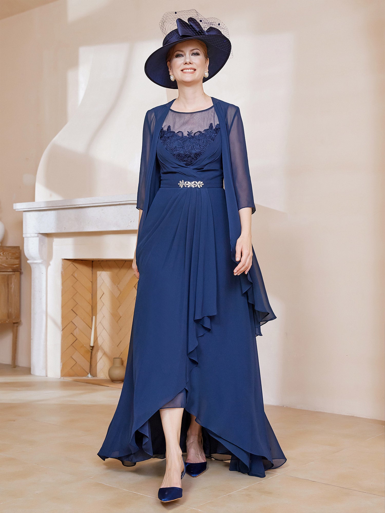 Navy Dress With Double Ruffle Duster Jacket