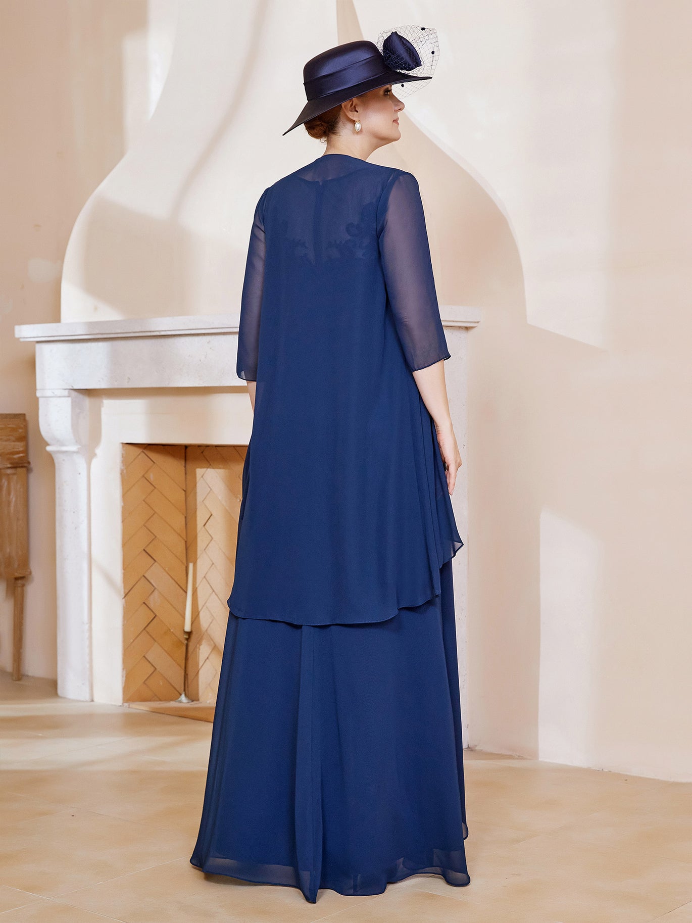 A-Line Chiffon Dress with Illusion Neckline Dark Navy main image 0