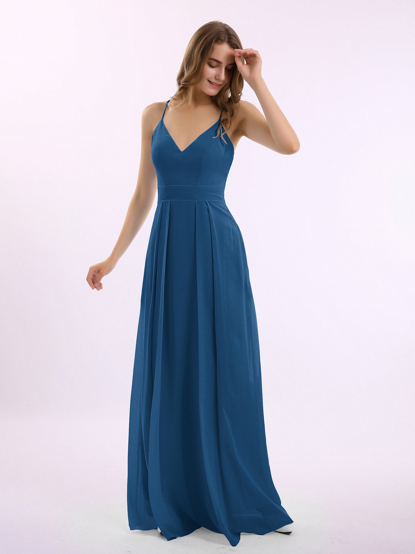 BABARONI Chiffon Ink Blue Bridesmaid Dresses V-neck Floor-length Spaghetti  Straps Pleated Pocket A-line