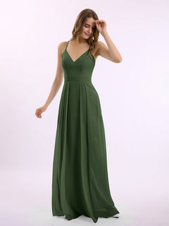 Spaghetti Strap V-neck Chiffon Gowns with Pocket-Olive Green Plus Size