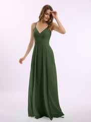 Spaghetti Strap V-neck Chiffon Gowns with Pocket-Olive Green
