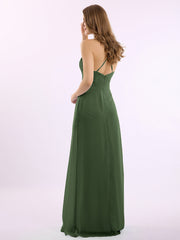 Spaghetti Strap V-neck Chiffon Gowns with Pocket-Olive Green Plus Size