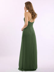 Spaghetti Strap V-neck Chiffon Gowns with Pocket-Olive Green