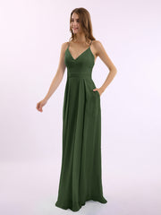 Spaghetti Strap V-neck Chiffon Gowns with Pocket-Olive Green