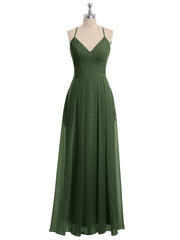 Spaghetti Strap V-neck Chiffon Gowns with Pocket-Olive Green