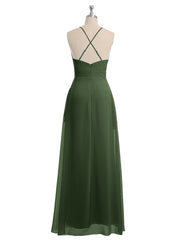 Spaghetti Strap V-neck Chiffon Gowns with Pocket-Olive Green Plus Size