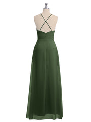Spaghetti Strap V-neck Chiffon Gowns with Pocket-Olive Green