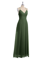 Spaghetti Strap V-neck Chiffon Gowns with Pocket-Olive Green