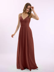 Spaghetti Strap V-neck Chiffon Gowns with Pocket-Terracotta