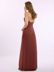 Spaghetti Strap V-neck Chiffon Gowns with Pocket-Terracotta Plus Size
