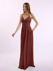 Spaghetti Strap V-neck Chiffon Gowns with Pocket-Terracotta
