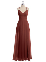 Spaghetti Strap V-neck Chiffon Gowns with Pocket-Terracotta Plus Size