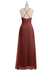 Spaghetti Strap V-neck Chiffon Gowns with Pocket-Terracotta