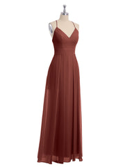 Spaghetti Strap V-neck Chiffon Gowns with Pocket-Terracotta Plus Size