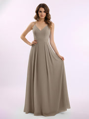 Spaghetti Strap V-neck Chiffon Gowns with Pocket-Taupe
