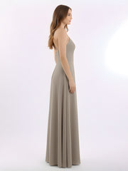 Spaghetti Strap V-neck Chiffon Gowns with Pocket-Taupe