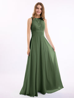 Lace Deep V-neck and Back Chiffon Long Dresses-Olive Green Plus Size