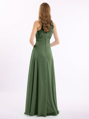 Lace Deep V-neck and Back Chiffon Long Dresses-Olive Green