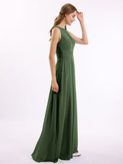 Lace Deep V-neck and Back Chiffon Long Dresses-Olive Green