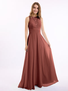 Lace Deep V-neck and Back Chiffon Long Dresses-Terracotta