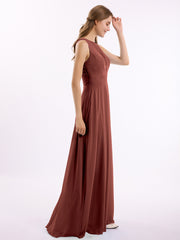 Lace Deep V-neck and Back Chiffon Long Dresses-Terracotta