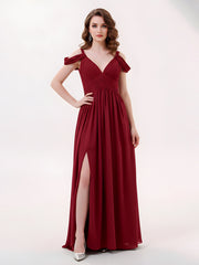Deep V Neck Sexy Chiffon Dress with Slit-Burgundy