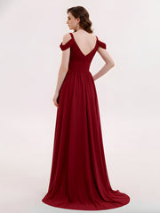 Deep V Neck Sexy Chiffon Dress with Slit-Burgundy