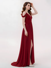 Deep V Neck Sexy Chiffon Dress with Slit-Burgundy
