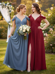 Deep V Neck Sexy Chiffon Dress with Slit-Burgundy