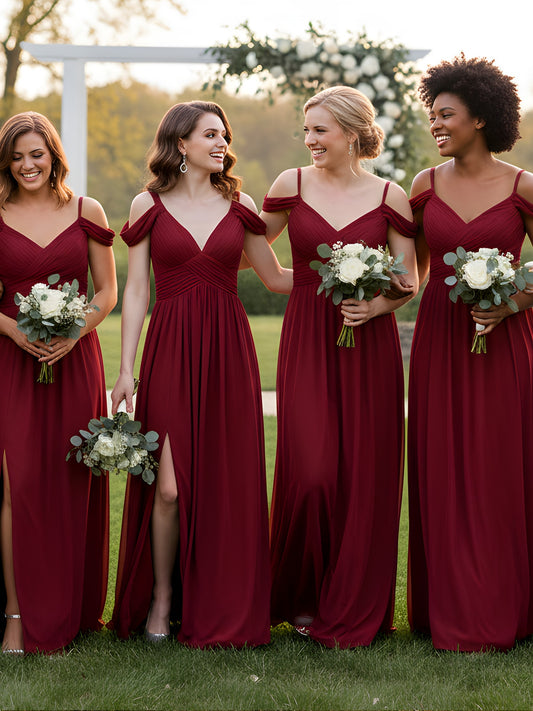 Cute Double Bows Straps Square Neck Chiffon Dresses with Slit Burgundy