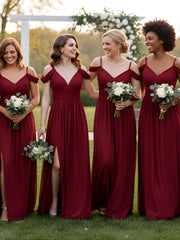 Deep V Neck Sexy Chiffon Dress with Slit-Burgundy
