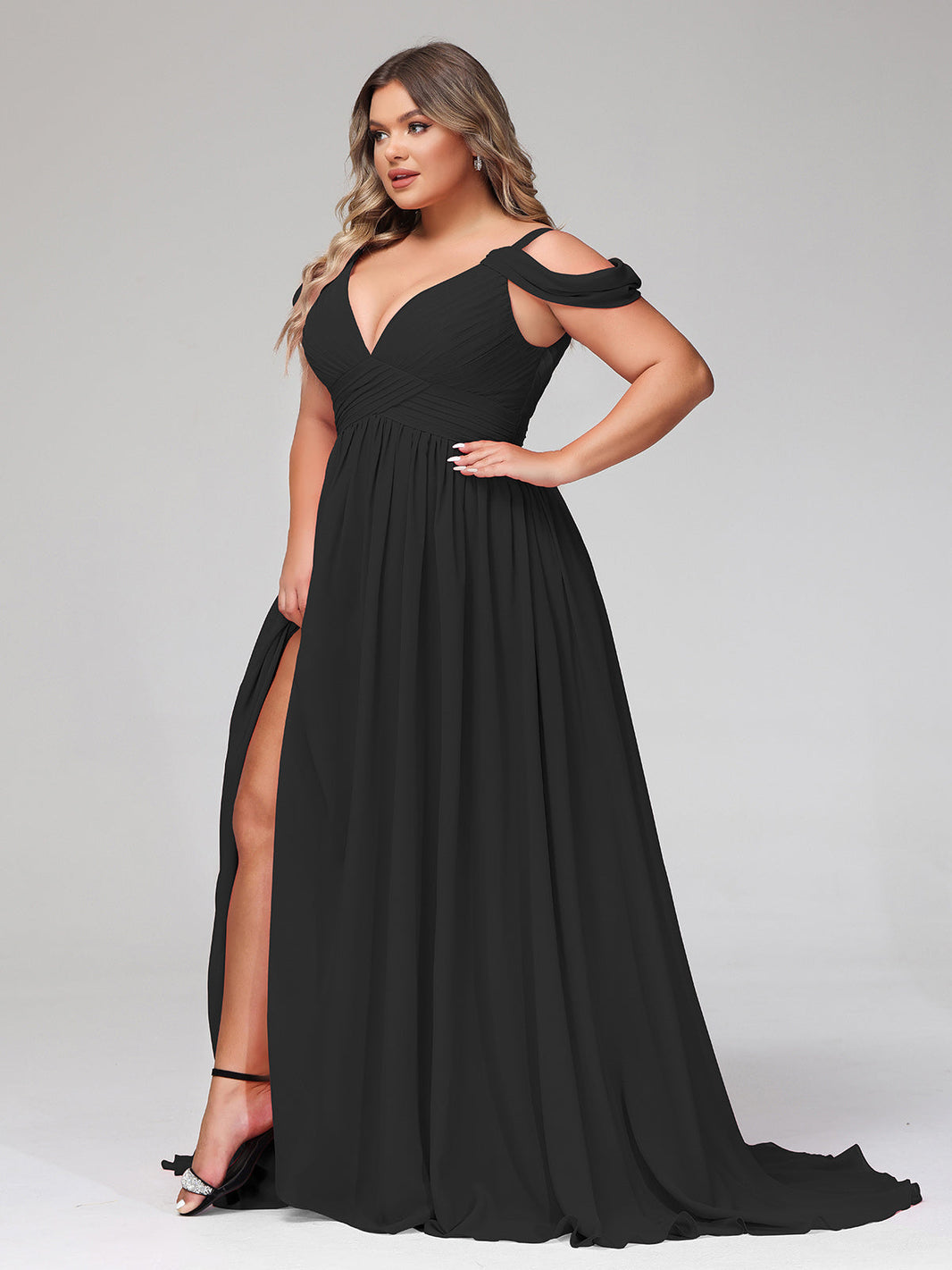 BABARONI Deep V Neck Sexy Chiffon Dress with Slit-Black, Black / US0