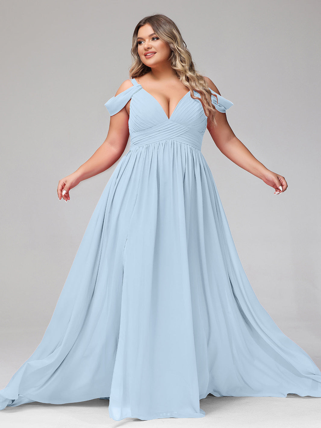 BABARONI BABARONI Chiffon Sky Blue Bridesmaid Dresses V-neck Floor-length Straps Pleated with Slit A-line, Sky Blue / US0 BABARONI BABARONI Chiffon Sky Blue Bridesmaid Dresses V-neck Floor-length Straps Pleated with Slit A-line, Sky Blue / US0
