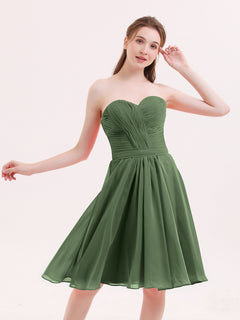 Sweetheart Neck Knee Length Chiffon Bridesmaid Gown-Olive Green