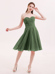 Sweetheart Neck Knee Length Chiffon Bridesmaid Gown-Olive Green