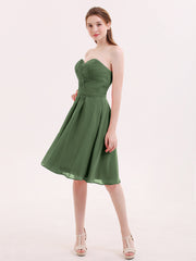Sweetheart Neck Knee Length Chiffon Bridesmaid Gown-Olive Green