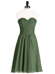 Sweetheart Neck Knee Length Chiffon Bridesmaid Gown-Olive Green