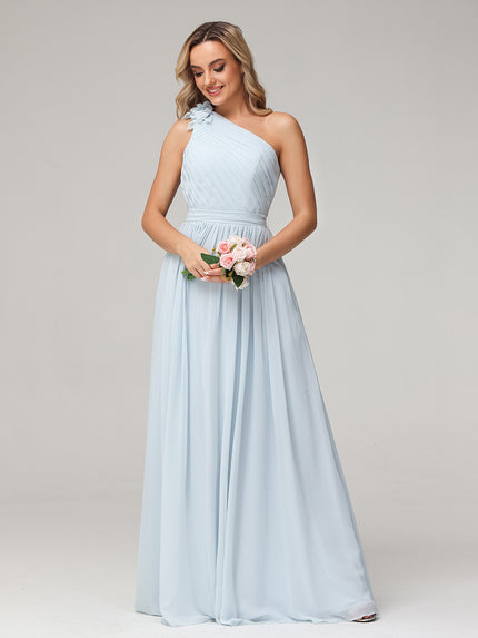 Rhinestone Embellished One-Shoulder Satin Gown Ocean Blue