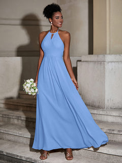 Halter Chiffon Long Dresses for Bridesmaids-Blue