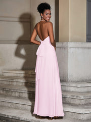 Halter Chiffon Long Dresses for Bridesmaids-Blushing Pink