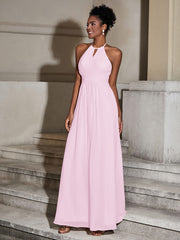 Halter Chiffon Long Dresses for Bridesmaids-Blushing Pink