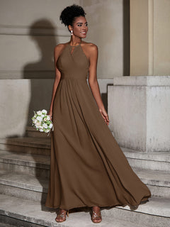 Halter Chiffon Long Dresses for Bridesmaids-Brown