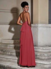 Halter Chiffon Long Dresses for Bridesmaids-Burgundy